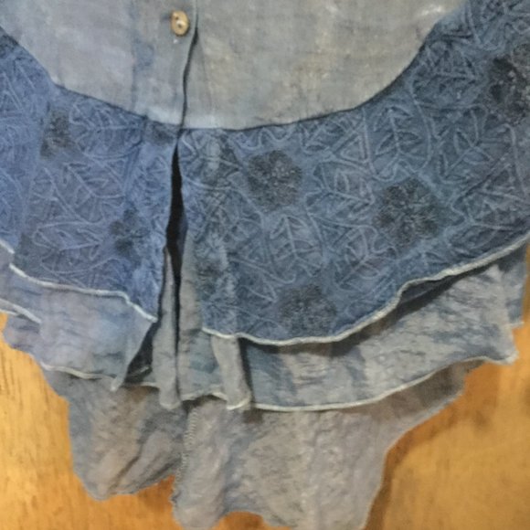 Minkas multi media button front long blouse blue with layers and embroidery - Picture 2 of 8